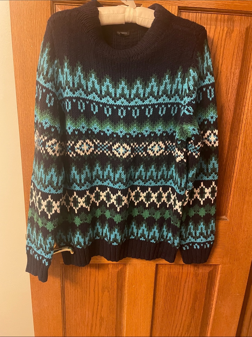 Talbots Navy Fair Isle Crewneck Sweater with Teal, Green, and White